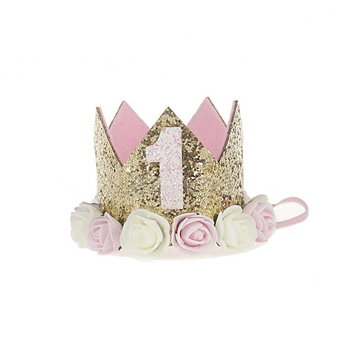 

baby princess birthday hat tiara crown sparkle gold flower style with artificial rose flower