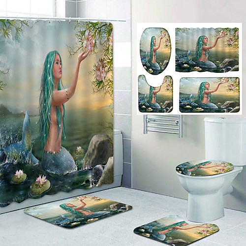 

Mermaid Pattern Printing Bathroom Shower Curtain Set Include Bathtub Curtain and Mats 4pcs