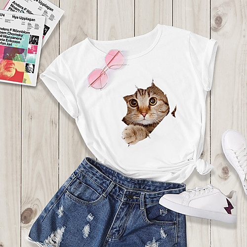 

Women's T shirt Cat Print Round Neck Basic Tops White