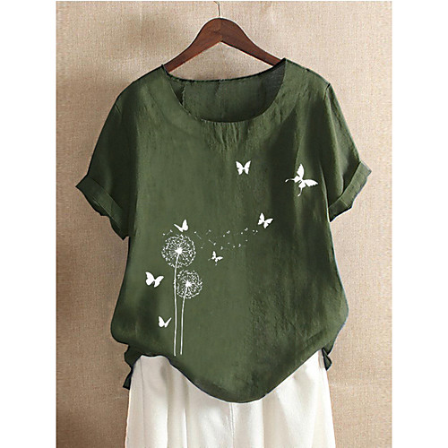 

Women's Blouse Shirt Floral Butterfly Flower Print Round Neck Basic Tops Loose White Green