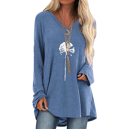 

Women's T shirt Dress Tunic Floral Flower Long Sleeve Print V Neck Basic Tops Blue Gray