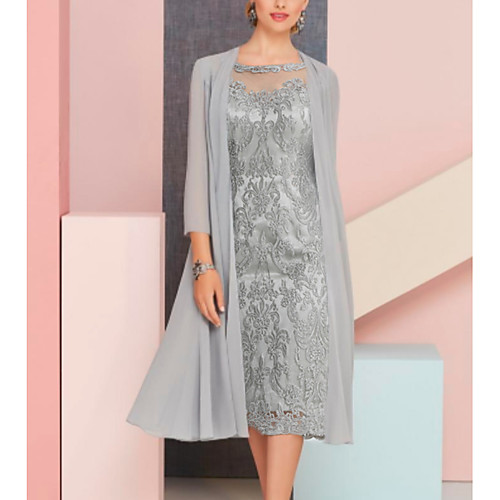 

Two Piece Mother of the Bride Dress Plus Size Vintage Sexy Jewel Neck Tea Length Chiffon 3/4 Length Sleeve with Lace 2021