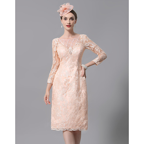 

Sheath / Column Mother of the Bride Dress Plus Size Sexy See Through Bateau Neck Knee Length Lace 3/4 Length Sleeve with Pleats Appliques 2021