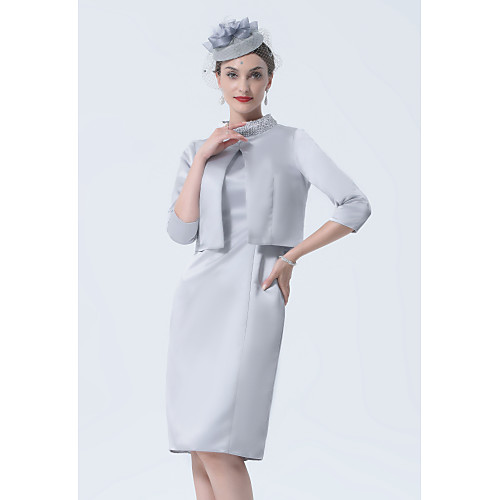 

Sheath / Column Mother of the Bride Dress Plus Size Elegant Vintage High Neck Knee Length Satin 3/4 Length Sleeve with Crystals Appliques 2021