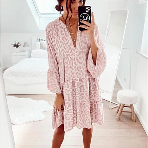 

Women's Shift Dress Knee Length Dress Blushing Pink Long Sleeve Leopard Patchwork Summer V Neck Casual Flare Cuff Sleeve Loose 2021 S M L XL XXL