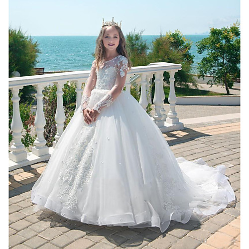 

Princess Court Train Flower Girl Dresses Party Lace Long Sleeve Jewel Neck with Lace