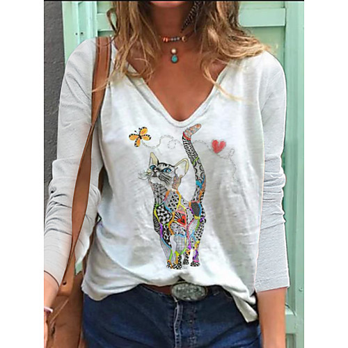 

Women's T shirt Cat Long Sleeve Print V Neck Basic Tops Cotton White Blue Blushing Pink