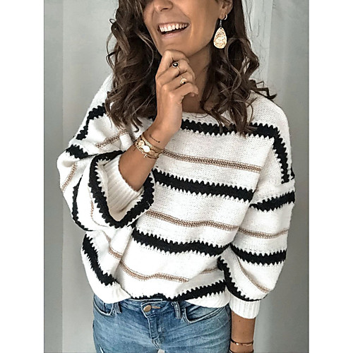 

Women's Basic Stripe Knitted Striped Pullover Long Sleeve Sweater Cardigans Crew Neck Round Neck Fall White Black Camel