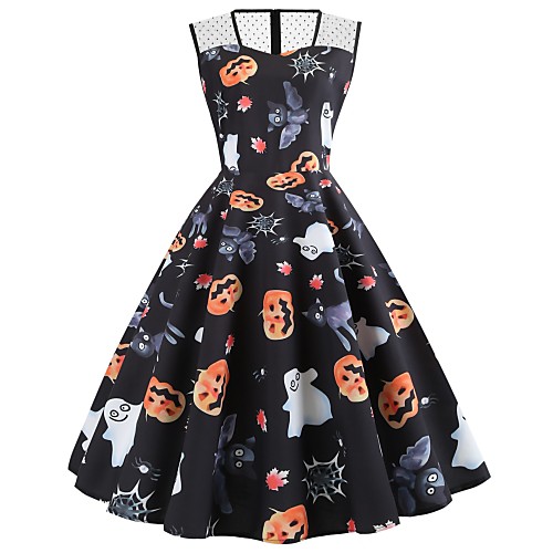 

Women's Halloween A Line Dress Knee Length Dress Black Sleeveless Cat Pumpkin Spider Print Ruched Mesh Patchwork Summer Square Neck Hot Vintage Party 2021 S M L XL XXL