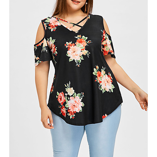 

Women's Plus Size Tops Blouse Shirt Floral Flower Criss Cross Short Sleeve V Neck Basic Blue White Black Big Size XL 2XL 3XL 4XL 5XL / Sexy Plus Size Blouses / Loose