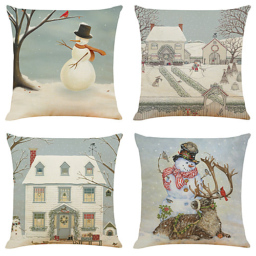 

1 Set of 4 pcs Christmas Series Decorative Faux Linen Throw Pillow Cover 18 x 18 inches 45 x 45 cm