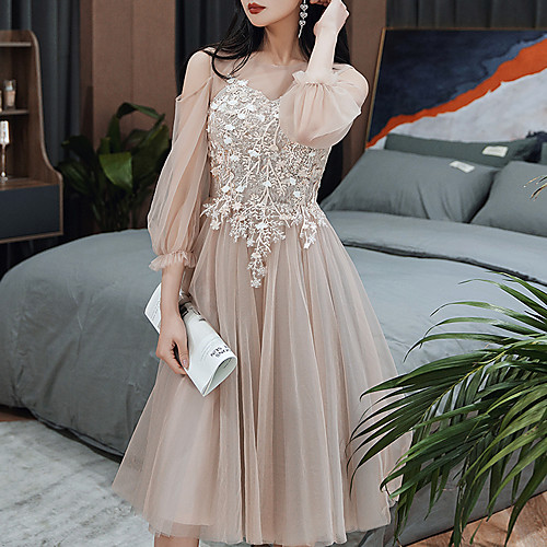 

A-Line Color Block Floral Homecoming Cocktail Party Dress Illusion Neck Long Sleeve Knee Length Tulle with Tassel Appliques 2021