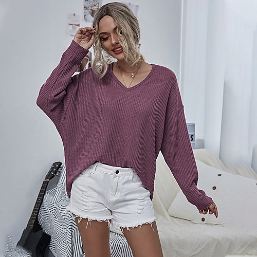 

Women's Stylish Knitted Solid Color Plain Pullover Long Sleeve Sweater Cardigans V Neck Fall Red Gray