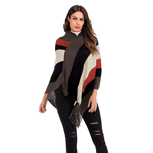 

Women's Basic Knitted Striped Cloak / Capes Long Sleeve Sweater Cardigans Crew Neck Round Neck Fall Winter Red Brown