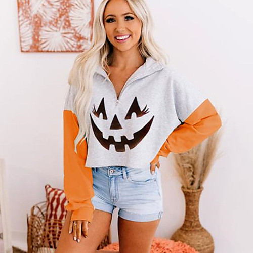 

Women's Hoodie Pullover Graphic Quarter Zip Halloween Other Prints Halloween Hoodies Sweatshirts Loose Orange