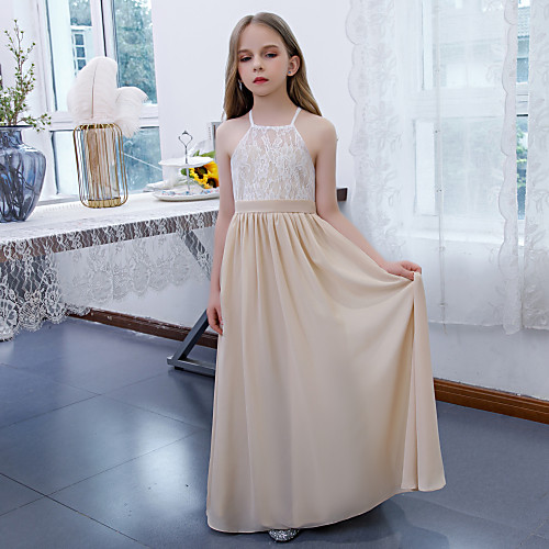 

A-Line Floor Length Junior Bridesmaid Dress Party Chiffon Sleeveless Jewel Neck with Lace