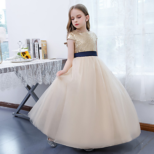 

A-Line Floor Length Junior Bridesmaid Dress Party Lace Sleeveless Jewel Neck with Sash / Ribbon