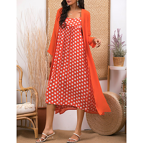 

Women's Two Piece Dress Maxi long Dress Orange Long Sleeve Polka Dot Print Spring & Summer Casual Loose 2021 M L XL XXL 3XL 4XL 5XL