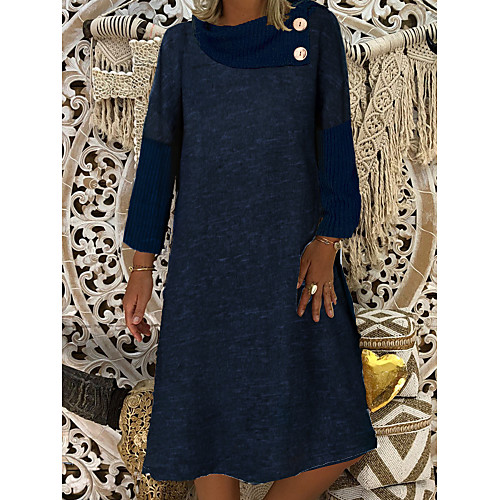 

Women's Denim Dress Knee Length Dress Blue Long Sleeve Solid Color Button Fall Spring Round Neck Hot Casual Loose 2021 M L XL XXL 3XL