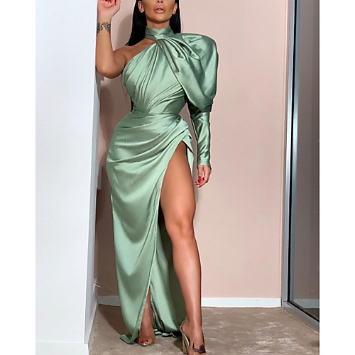 

Sheath / Column Minimalist Sexy Prom Formal Evening Dress One Shoulder Long Sleeve Floor Length Stretch Satin with Pleats Ruched Split 2021
