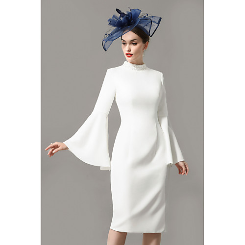 

Sheath / Column Mother of the Bride Dress Wrap Included High Neck Knee Length Jersey 3/4 Length Sleeve with Crystals 2021