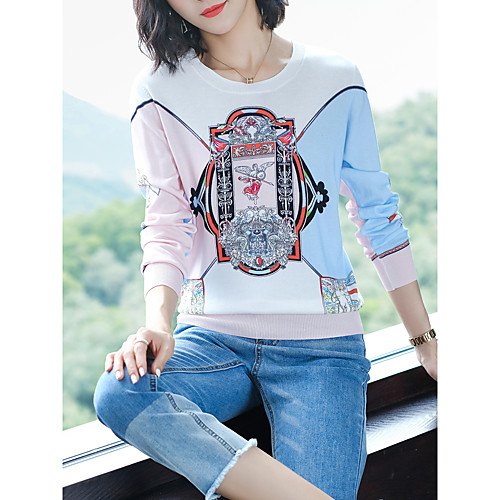 

Women's Stylish Knitted Geometric Pullover Long Sleeve Sweater Cardigans Crew Neck Round Neck Fall Blue Blushing Pink