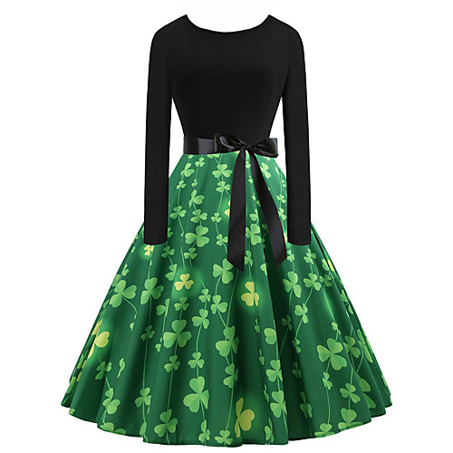 

Women's Swing Dress Knee Length Dress Blue Yellow Green White Black Long Sleeve Print Patchwork Print Fall Spring Round Neck Elegant Vintage Halloween 2021 S M L XL XXL / Cotton / Cotton
