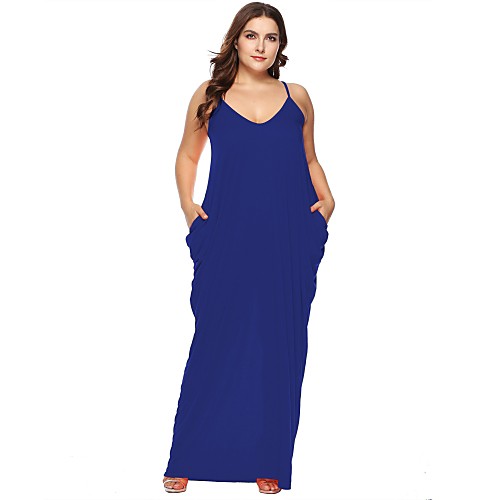 

Women's Swing Dress Maxi long Dress Wine Orange Black Navy Blue Sleeveless Solid Color Pocket Summer V Neck Sexy Holiday Loose 2021 XL XXL 3XL