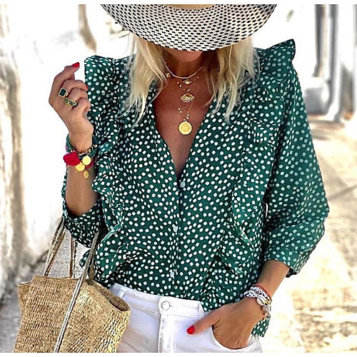 

Women's Blouse Shirt Floral Flower Long Sleeve Ruffle Print V Neck Elegant Beach Tops Green