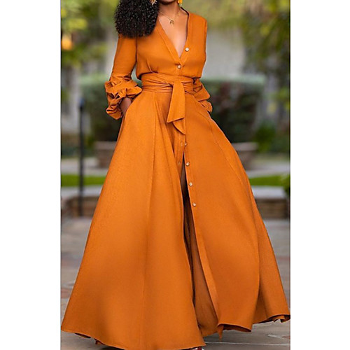 

Women's Sheath Dress Maxi long Dress Green Orange White Light Green Long Sleeve Solid Color Patchwork Fall Spring V Neck Hot Casual 2021 S M L XL XXL / Going out / Work