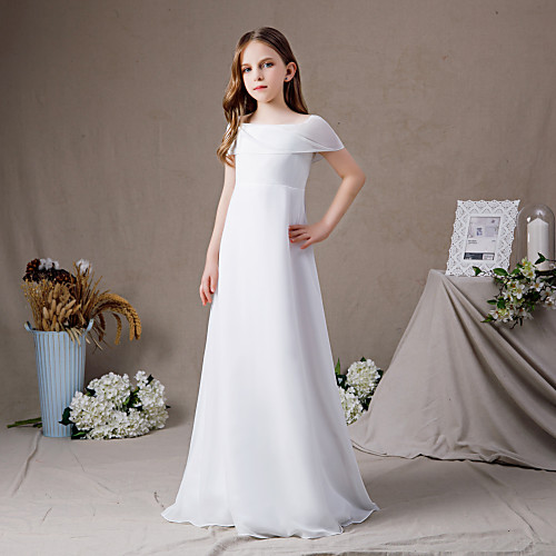 

A-Line Floor Length Junior Bridesmaid Dress Party Chiffon Sleeveless Jewel Neck with Pleats