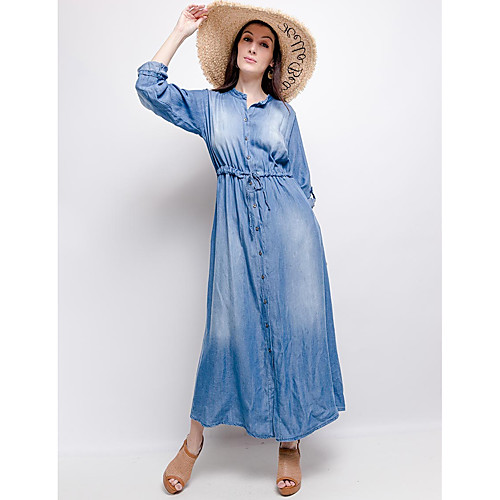 

Women's Denim Shirt Dress Maxi long Dress Blue Long Sleeve Solid Color Button Fall Shirt Collar Elegant Casual Loose 2021 S M L XL XXL / Cotton / Cotton