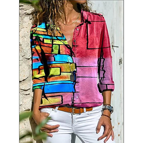 

Women's Blouse Shirt Rainbow Color Gradient Color Block Long Sleeve Patchwork Print V Neck Shirt Collar Tops Red