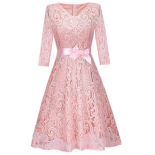 

Women's A Line Dress Knee Length Dress Blushing Pink Wine Gray Beige 3/4 Length Sleeve Solid Color Lace Bow Summer V Neck Hot Elegant Slim 2021 S M L XL XXL 3XL