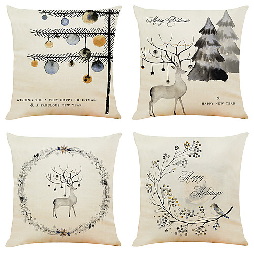 

Set of 4 Ink Christmas Faux Linen Square Decorative Throw Pillow Cases Sofa Cushion Covers 18x18