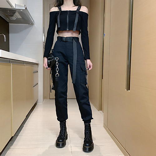 

Women's Streetwear Breathable Cotton Loose Daily Tactical Cargo Pants Solid Colored Ankle-Length High Waist Black