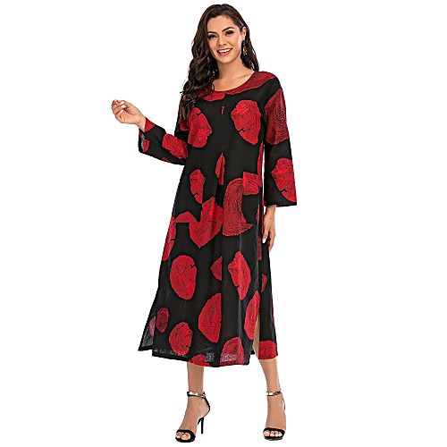 

Women's Swing Dress Midi Dress Yellow White Black Red Long Sleeve Print Patchwork Print Fall Round Neck Casual Boho Loose 2021 S M L XL XXL 3XL 4XL 5XL / Cotton / Cotton