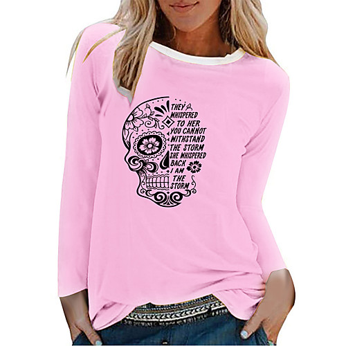 

Women's Halloween T shirt Graphic Graphic Prints Skull Long Sleeve Print Round Neck Basic Halloween Tops 100% Cotton White Black Red