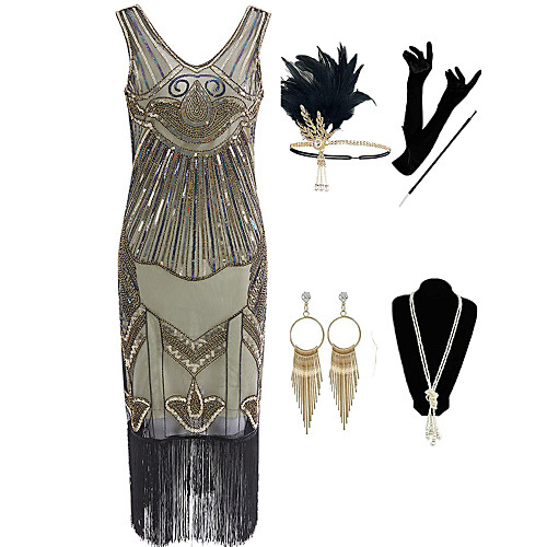 

The Great Gatsby 1920s Vintage Vacation Dress Flapper Dress Outfits Masquerade Prom Dress Women's Tassel Fringe Costume Golden Vintage Cosplay Party Prom / Gloves / Headwear / Necklace / Earrings