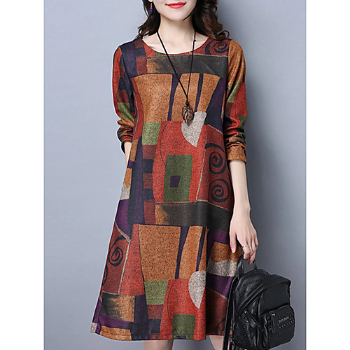 

Women's A Line Dress Knee Length Dress Purple Orange Long Sleeve Print Fall Round Neck Hot Casual vacation dresses 2021 M L XL XXL / Cotton / Cotton