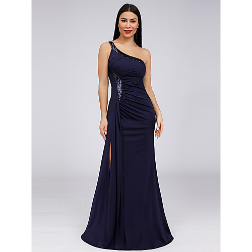 

Women's Sheath Dress Maxi long Dress Navy Blue Sleeveless Solid Color Sequins Ruched Spring Summer One Shoulder Elegant Sexy Party Club Slim 2021 S M L XL XXL 3XL 4XL