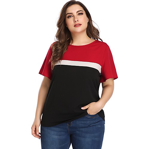 

Women's T shirt Color Block Patchwork Round Neck Tops Basic Basic Top Red