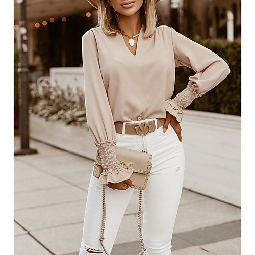 

Women's Blouse Shirt Solid Colored Long Sleeve Patchwork V Neck Basic Tops White Black Blushing Pink