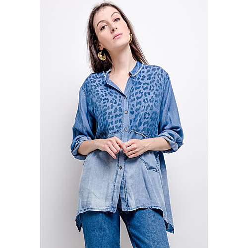 

Women's Blouse Denim Shirt Shirt Color Gradient Leopard Cheetah Print Long Sleeve Denim Patchwork Standing Collar Elegant Tops 100% Cotton Blue
