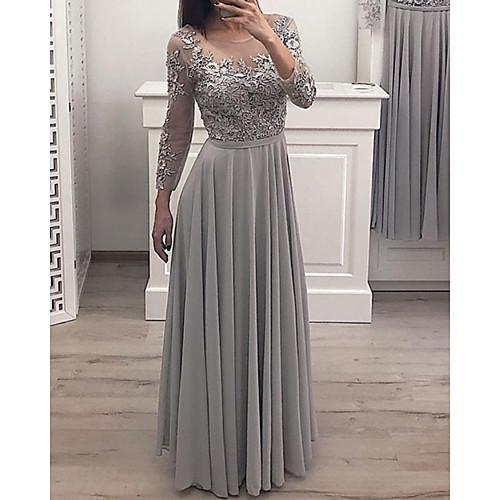 

A-Line Elegant Floral Engagement Formal Evening Dress Illusion Neck Long Sleeve Floor Length Chiffon Lace with Pleats Appliques 2021