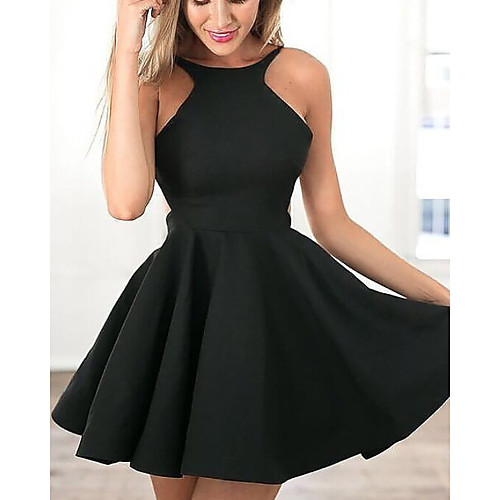 

A-Line Little Black Dress Sexy Homecoming Cocktail Party Dress Halter Neck Sleeveless Short / Mini Satin with Pleats 2021