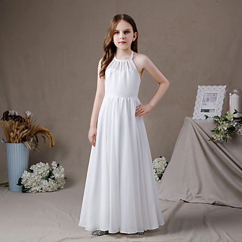 

A-Line Floor Length Junior Bridesmaid Dress Party Chiffon Sleeveless Jewel Neck with Pleats