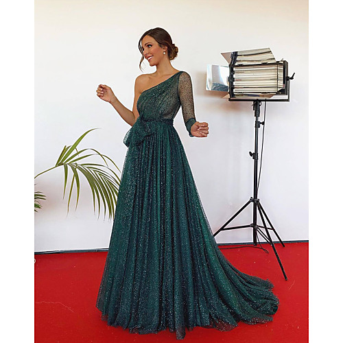 

Women's Sheath Dress Maxi long Dress Green Long Sleeve Solid Color Mesh Fall One Shoulder Hot Elegant Party Mesh S M L XL