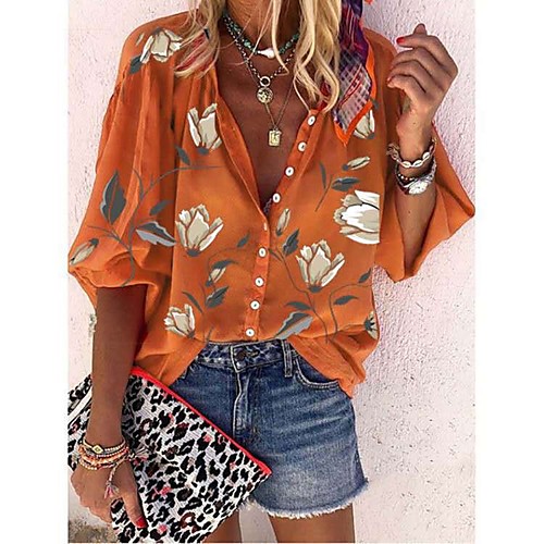 

Women's Blouse Shirt Floral Flower Long Sleeve Patchwork Print Shirt Collar Basic Tops 100% Cotton White Black Orange