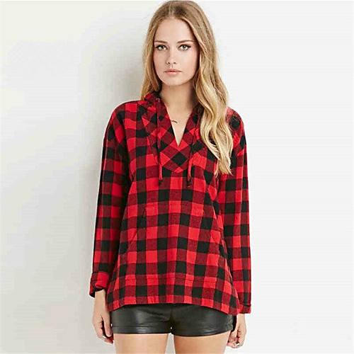 

Women's Blouse Shirt Plaid Check Long Sleeve Print V Neck Basic Tops Red